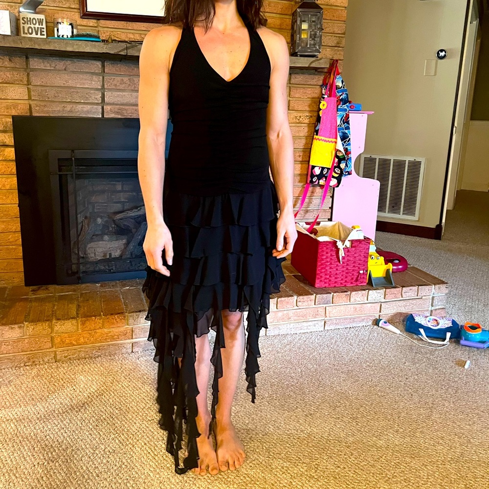 Cache black ruched bodice ruffle gown halter neck